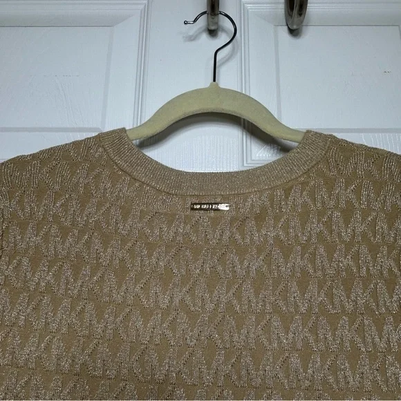 Michael Kors Cotton Blend Tan Gold Knit Stretchy All Over Logo Sweater Dress  M